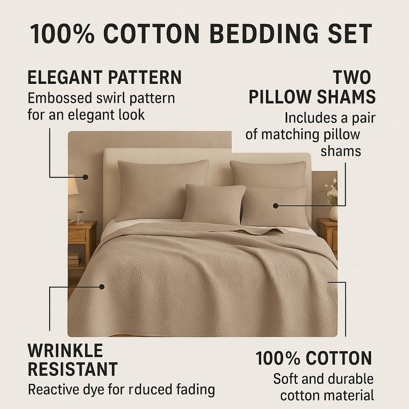 DaDa Bedding Elegant Matelasse Bedspread Set - 100% Cotton Fabric Floral Sand Dollar Quilted Coverlet - Lightweight Breathable Textured Neutral Tan Beige Taupe Brown - Cal King - 3-Pieces - Image 3